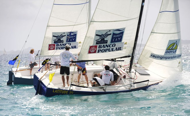 William Bailey and crew give chase to Kay Acott and her all-female crew - 2011 Gill BVI International Match Racing Championship © Todd VanSickle