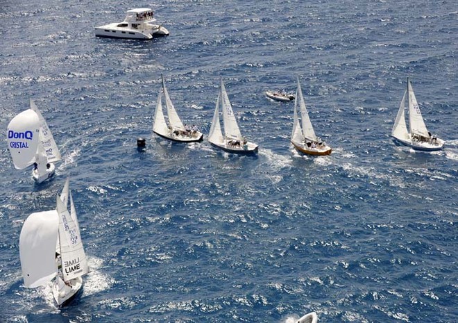 Not the umpire boat—an unusual feature of fleet racing here in the IC24 class - 40th Anniversary BVI Spring Regatta and Sailing Festival © Todd VanSickle