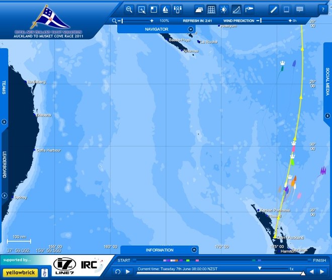 RNZYS - Yellowbrick positions as of 0800hrs 7 June 2011 - Auckland Musket Cove, Fiji Race. Camper is the pink yacht on the rhunbline, Wired is the green one astern of her, and TVS is the purple boat to the right. © PredictWind.com www.predictwind.com