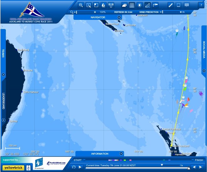 The leading boat positions as of 2100hrs on 7 June 2011 - Auckland Musket Cove. Camper is the pink yacht on the rhumbline, Wired is the green one astern, and TVS is the purple yacht to the east (right). © PredictWind.com www.predictwind.com