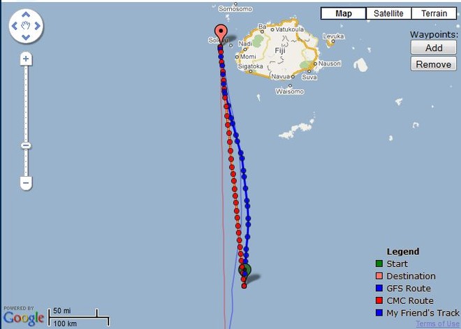 Predictwind is prescribing a direct route for Camper for the final run to the finish of the Auckland-Fiji Race as of 0700hrs on 9 June. The solid blue line at the bottom is the track for TeamVodafoneSailing 100nm astern of Camper. © PredictWind.com www.predictwind.com