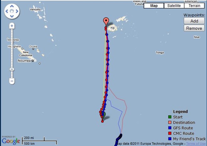 Predictwind’s route options for Camper as of 0800hrs on 7 June 2011 - Auckland Musket Cove, Fiji Race. The faint tracks to the right are the Predictwind recommendation for TVS, telling her to get into the same part of the ocean as Camper, and then head for Fiji. © PredictWind.com www.predictwind.com