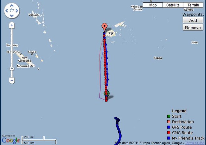 Camper’s best option is to sail the direct route to the finish 500nm away in Musket Cove. The blue track astern is that of TVS ending at her current position at 0800hrs on 8 June.  © PredictWind.com www.predictwind.com