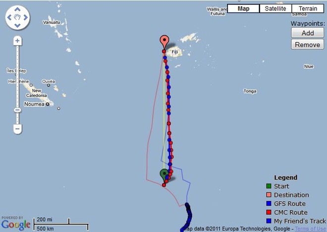 Predictwind’s route options for Camper as of 2100hrs on 7 June 2011 - Auckland Musket Cove, Fiji Race. The recommended routes for TVS are shown as faint lines. © PredictWind.com www.predictwind.com