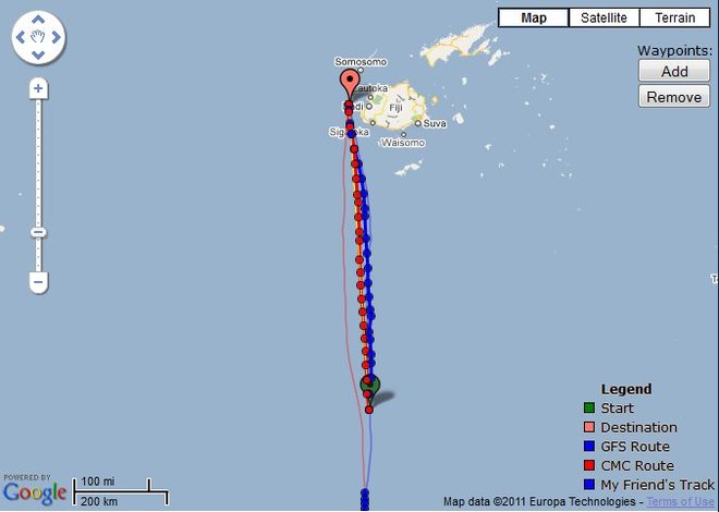 Predictwind is prescribing a direct route for Camper for the final run to the finish of the Auckland-Fiji Race as of 2200hrs on 8 June  © PredictWind.com www.predictwind.com
