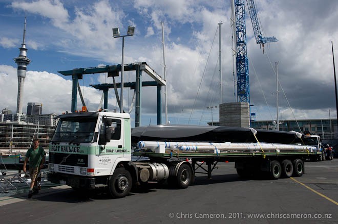 The first AC45 hulls arrive at the Oracle base in Auckland’s Viaduct basin. © Chris Cameron www.chriscameron.co.nz