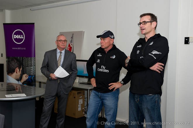 Emirates Team New Zealand announce Dell as exclusive supplier of the team. Lto R Dell computer’s NZ Manager Mike Hill, ETNZ CEO Grant Dalton ETNZ technical director Nick Holroyd. 13/7/2011 © Chris Cameron/ETNZ http://www.chriscameron.co.nz