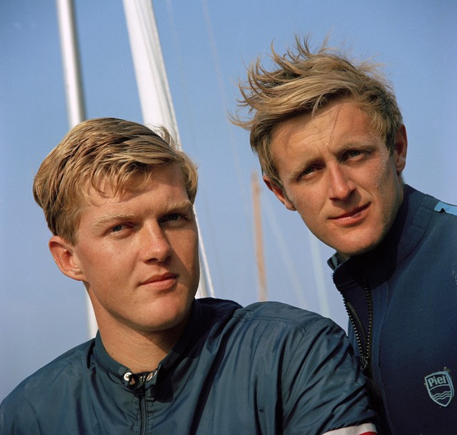 Circa 1968: Rodney Pattisson (right) and crewman Ian MacDonald-Smith, Gold medal winners at the Mexico Olympic yachting regatta in the Flying Dutchman two-man trapeze dinghy, sailing their boat, ’Supercalifragilisticexpialidosious’ (Superdoso)  © Eileen Ramsay / PPL http://www.pplmedia.com