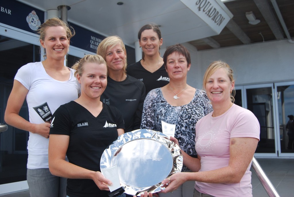 2011 LIVEsport TELECOM New Zealand Women’s Match Racing Champions Olivia Powrie and team with Lynne Le Gros, Head of Business Marketing & Communication for Telecom. - New Zealand Women's Match Racing Championships 2011 photo copyright Sara Roberts taken at  and featuring the  class