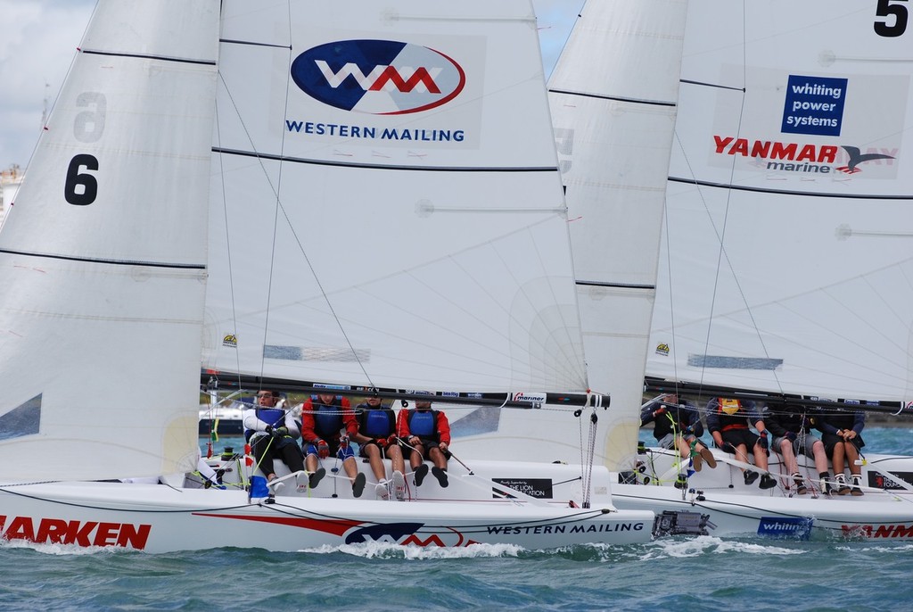 Italian skipper Valerio Galati (Boat 6 Western Mailing) locked in close battle with Wellingtons Josh Porebski (Boat 5 Whiting Power Systems) - RNZYS HARKEN Youth International Match Racing Championships photo copyright Sara Roberts taken at  and featuring the  class