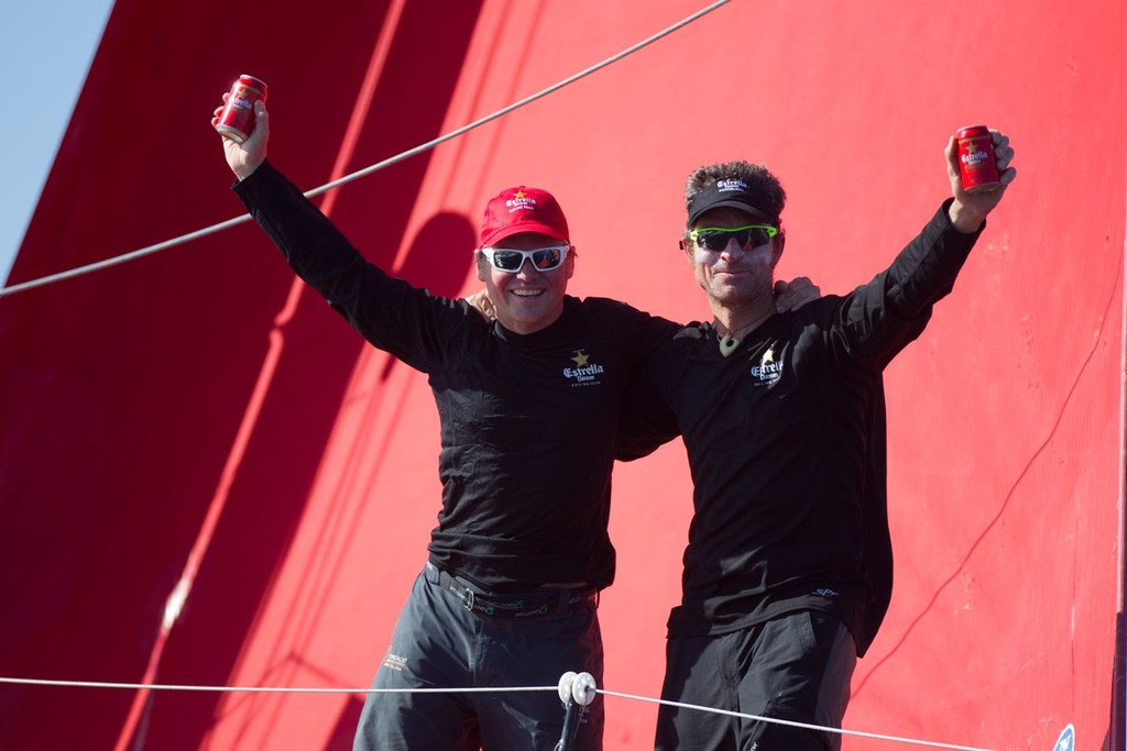 Alex Pella and Pepe Ribes celebrate their race finish on board Estrella Damm - Barcelona World Race photo copyright Maria Muina taken at  and featuring the  class