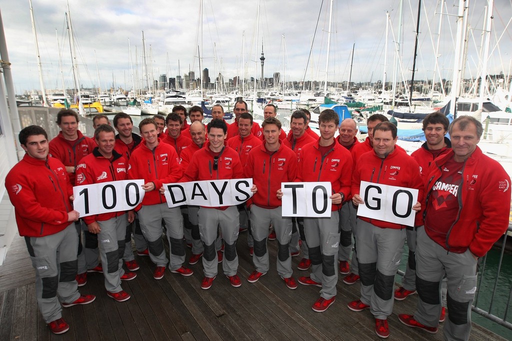 The Camper crew gather for a photo opportunity to celebrate 100 days to go until the start of the 2011/12 Volvo Ocean Race, during the Auckland Port’s farewell press conference at the Royal New Zealand Yacht Squadron on July 20, 2011 in Auckland, New Zealand. © Getty Images