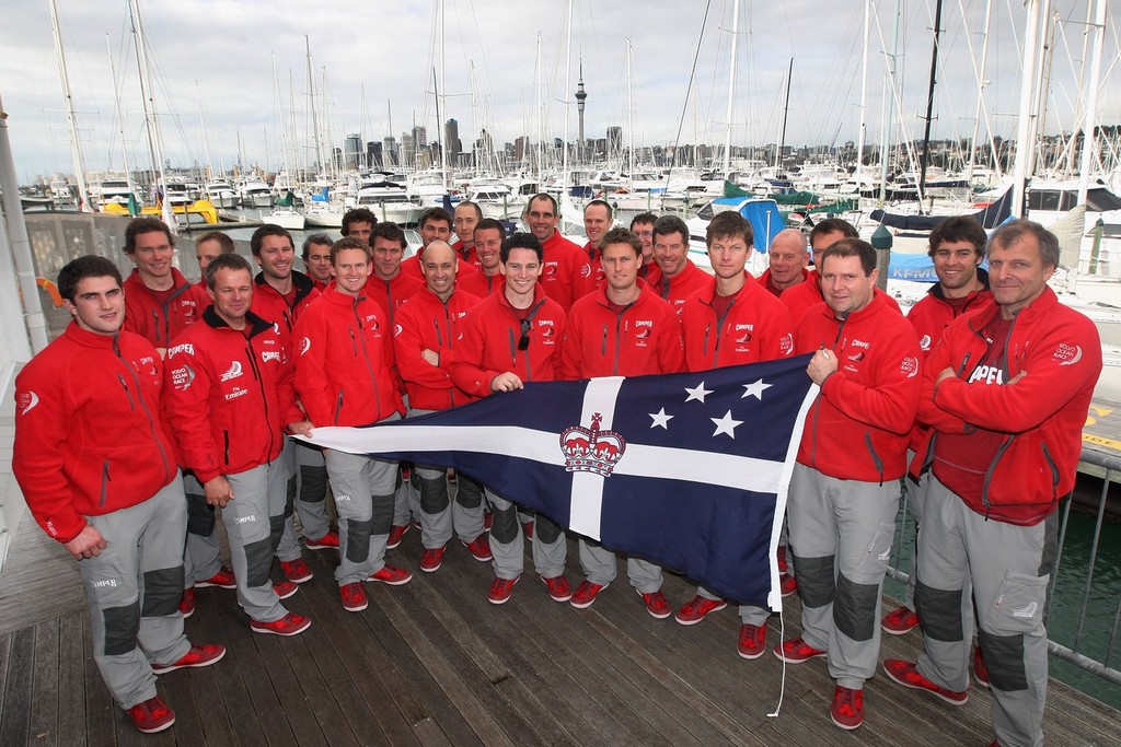 The Capmer crew gather for a photo opportunity after the Auckland Port’s farewell press conference at the Royal New Zealand Yacht Squadron on July 20, 2011 in Auckland, New Zealand. © Getty Images