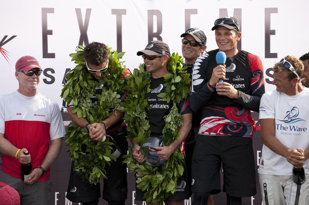 Winners are Grinners - Emirates Team NZ victorious in the Extreme Sailing Series. Act 4. Boston. USA. photo copyright Lloyd Images http://lloydimagesgallery.photoshelter.com/ taken at  and featuring the  class