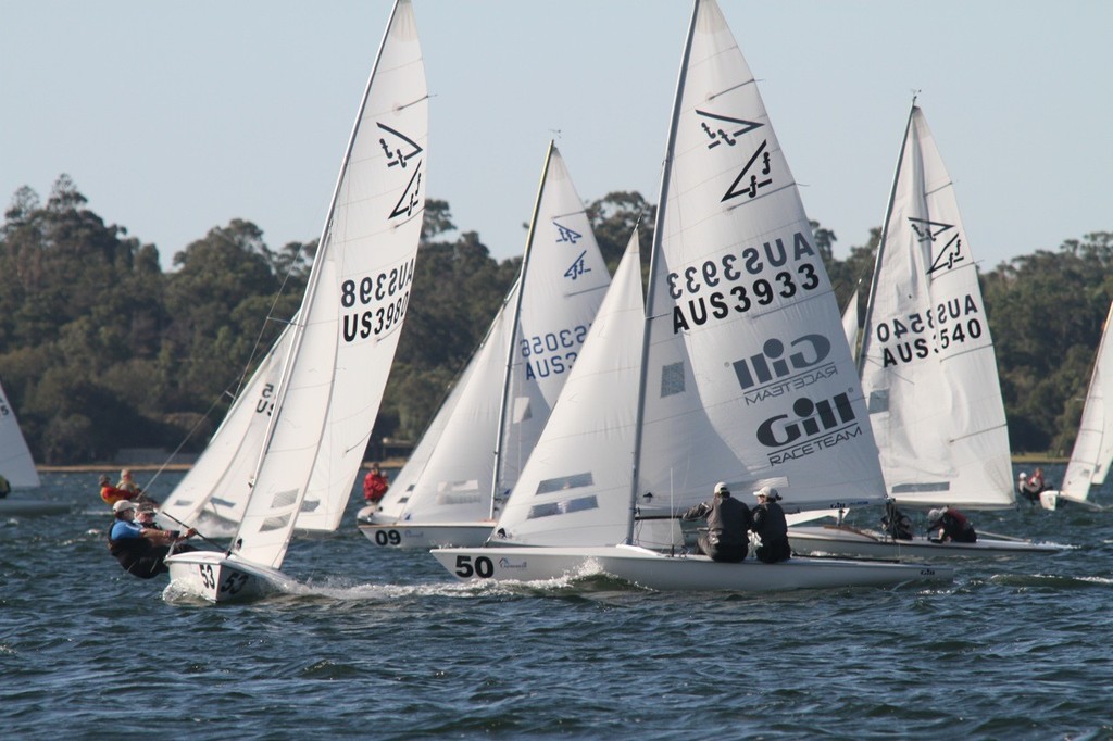 John Wilson (Bow 53) crosses Adele Jackson (Bow 50) on the first beat, but Jackson was best of the Aussies and finished 4th - Flying Fifteen 50th Anniversary Nationals photo copyright Bernie Kaaks taken at  and featuring the  class