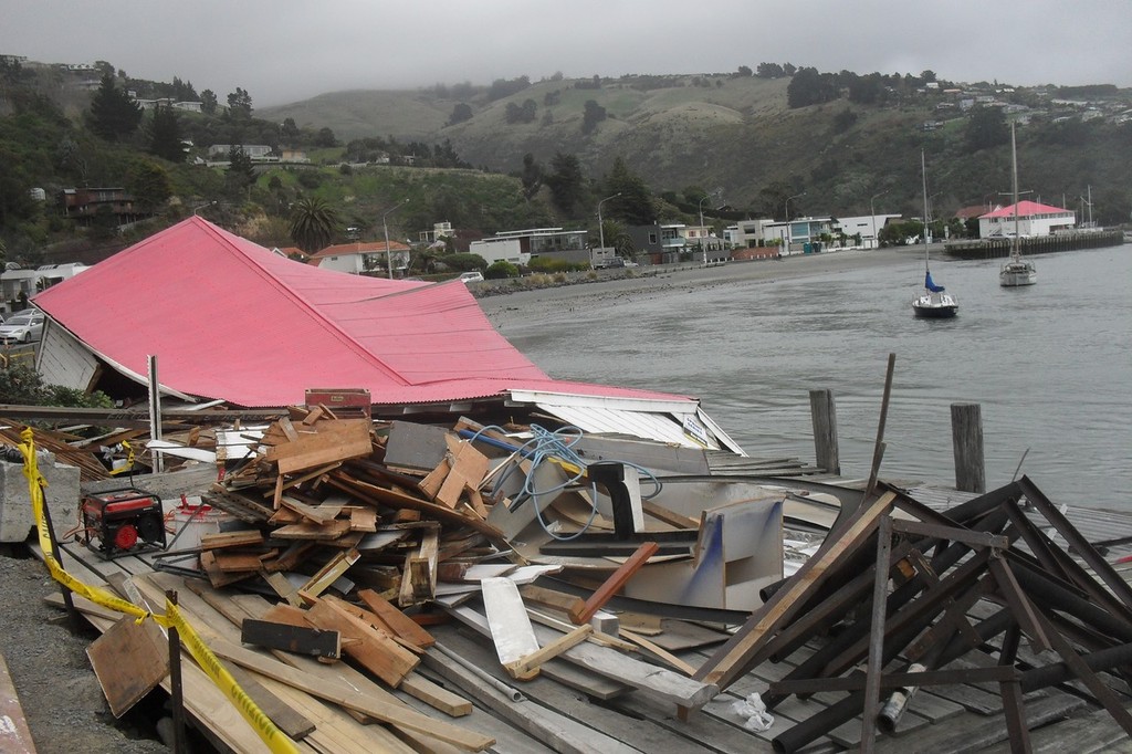 Christchurch Yacht Club storage shed - demolition walls down roof on the deck  © Nick Richardson