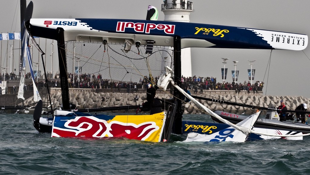 Red Bull Extreme Sailing capsize in Race 4 - Extreme Sailing 2011 - Day 3, Qingdao photo copyright Giordana Pipornetti taken at  and featuring the  class