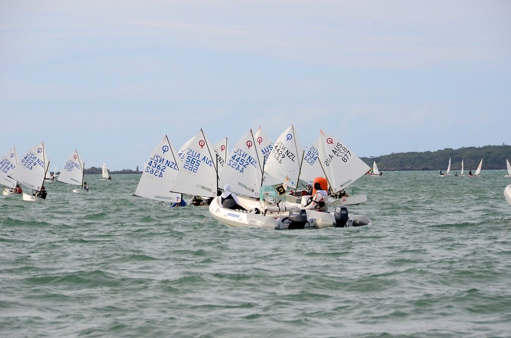 Sailors converge on the bottom mark laid just off the beach - 2011 Toyota Optimist NZ Nationals, Wakatere Boating Club © Christine Hansen
