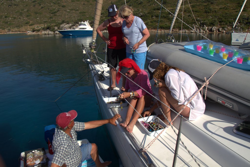 The shopping arrives by boat in Bozukkale - The 8th Aegean Yacht Rally  © Maggie Joyce - Mariner Boating Holidays http://www.marinerboating.com.au