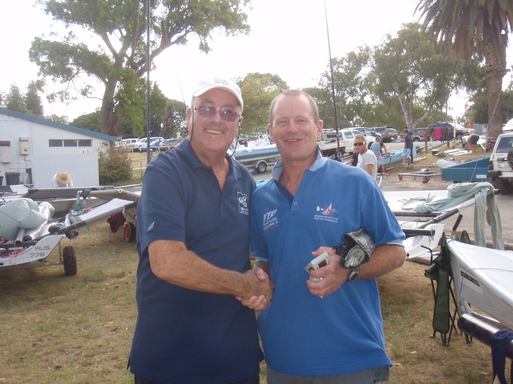 Guy Bancroft and I14 legend Stewart Jock`` Ross celebrate a successful Championships with a hand shake - Bohaul Express Australian B14 National Champs 2011-12 photo copyright Adrian Beswick taken at  and featuring the  class
