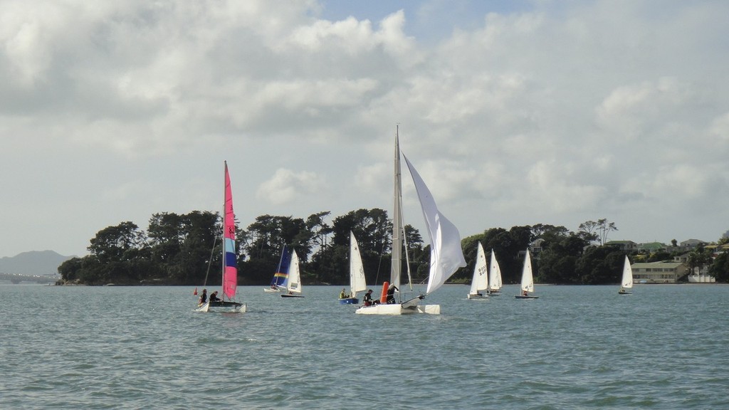half of the fleet also excluding Optimists with a sneak peak of Rangitoto and the bridge. - PCSC Autumn Series Day #1 © David Budgett