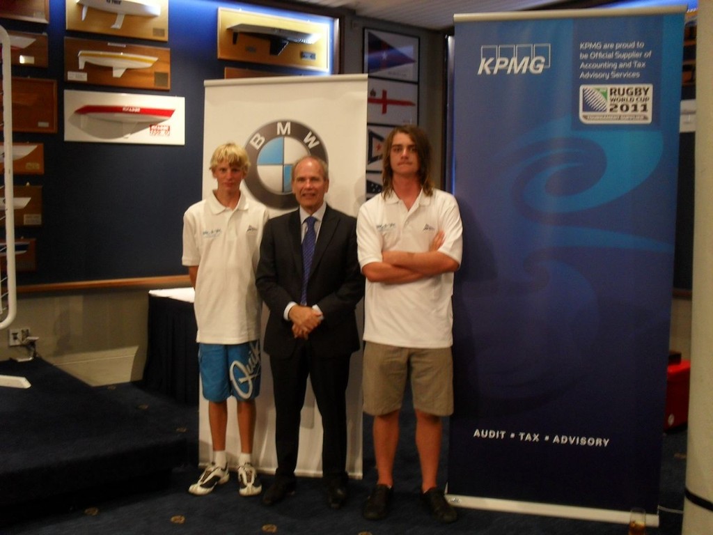 Crac-A-Jac skipper Edwin Delaat  and bowman Ned Dalbeth-Hudson with Auckland Super City Mayor Len Brown - BMW Auckland Regatta 2011 photo copyright margaret Dijkhuis taken at  and featuring the  class