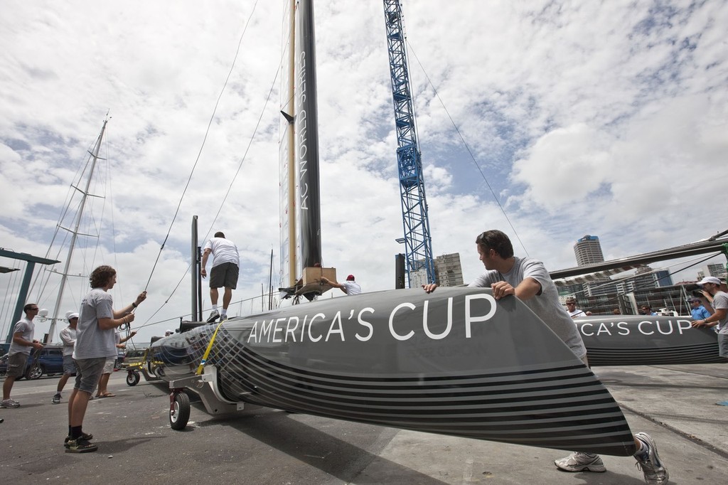 AC45 on launch trolleys - Auckland (NZL) - 34th America&rsquo;s Cup - AC45 trials photo copyright ACEA - Photo Gilles Martin-Raget http://photo.americascup.com/ taken at  and featuring the  class