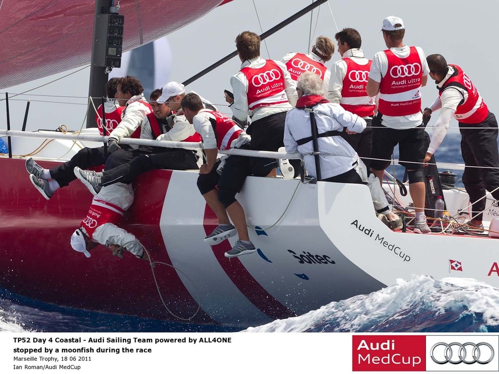 TP52 Day 4 Coastal - Audi Sailing Team Powered by ALL4ONE stopped by a moonfish during the Marseille Trophy 2011 photo copyright Ian Roman http://www.ianroman.com taken at  and featuring the  class