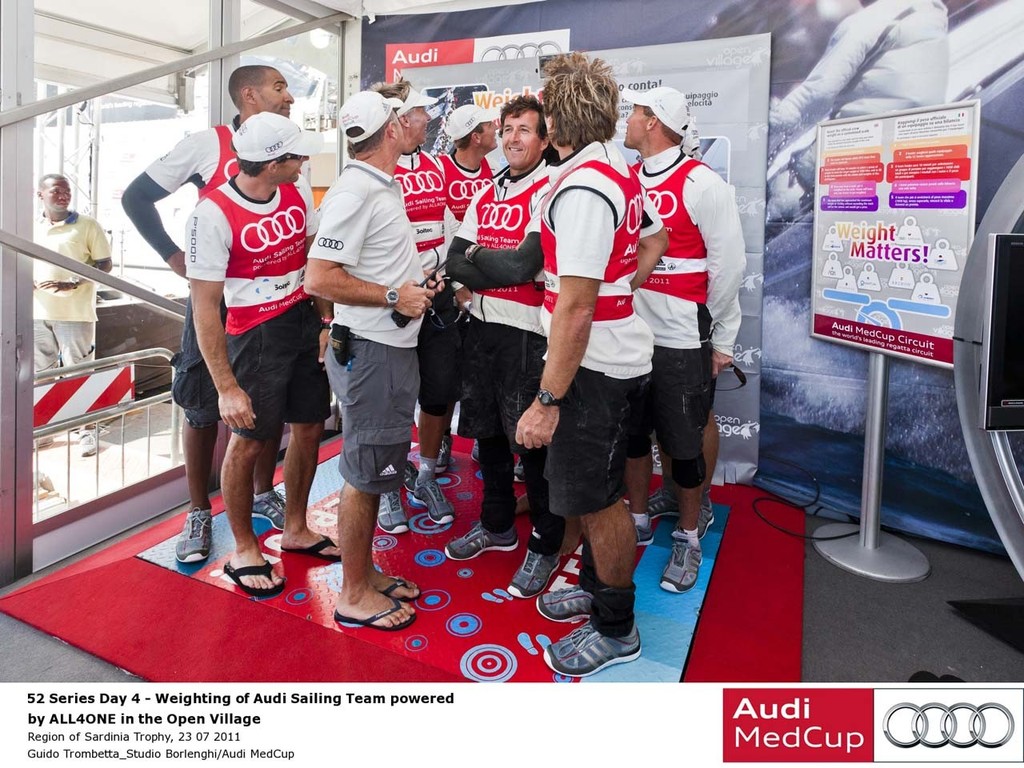 52 Series Day 4: Weighting of Audi Sailing Team powered by ALL4ONE in the Open Village - Region of Sardinia Trophy 2011 © Guido Trombetta/AudiMedCup