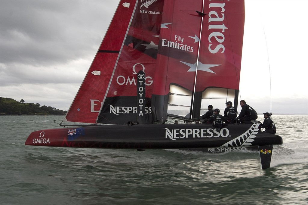 Emirates Team New Zealand's AC45 is taken for a first sail with the new livery. 2/6/2011 photo copyright Chris Cameron/ETNZ http://www.chriscameron.co.nz taken at  and featuring the  class