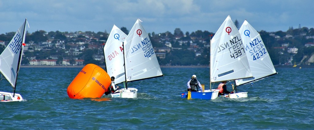 Third overall Nathaniel Deverell 4212 soon catches up after his penalty in  Race 5 on Day 3 of the 2011 Toyota Optimist Nationals © Richard Gladwell www.photosport.co.nz