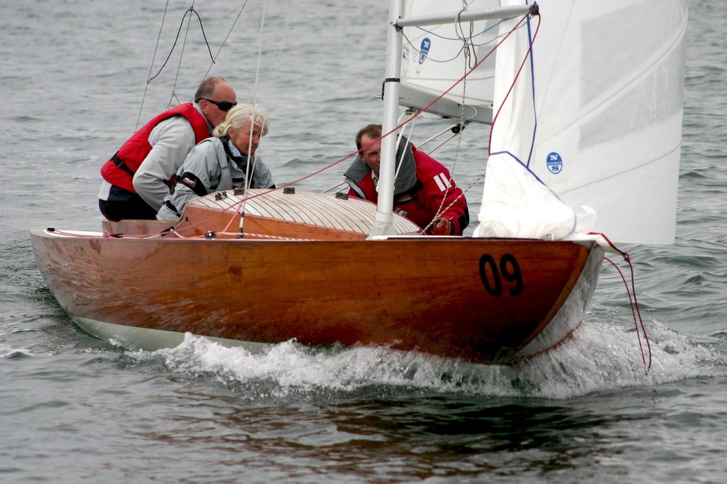 A wooden boat, Johan Palmquist’s Galejan II, was first around the first mark on Day 2 of 2011 Dragon World Championships ©  John Curnow