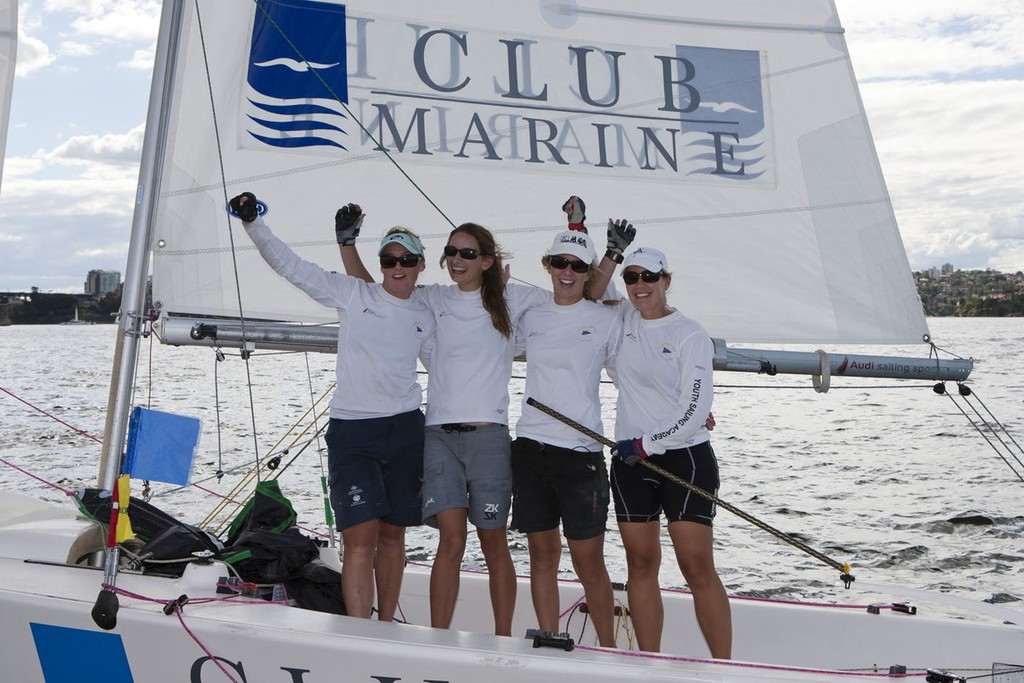 Katie Abbott and crew celebrate their Harken Women&rsquo;s International Match Racing Regatta win on water photo copyright  Andrea Francolini Photography http://www.afrancolini.com/ taken at  and featuring the  class