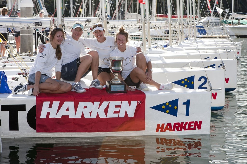 Katie Abbott (2nd from right) and her crew of Tara McCall (L), Angela Farrell (2nd left) and Sophie Lahey (far right) win the Harken Women&rsquo;s International Match Racing Regatta. photo copyright  Andrea Francolini Photography http://www.afrancolini.com/ taken at  and featuring the  class