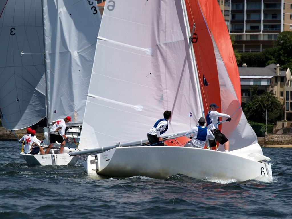 RSYS’s David Chapman (boat 6) closing up on Evan Walker (boat 3) in last year’s Hardy Cup on Sydney Harbour photo copyright Aline Van Haren  taken at  and featuring the  class