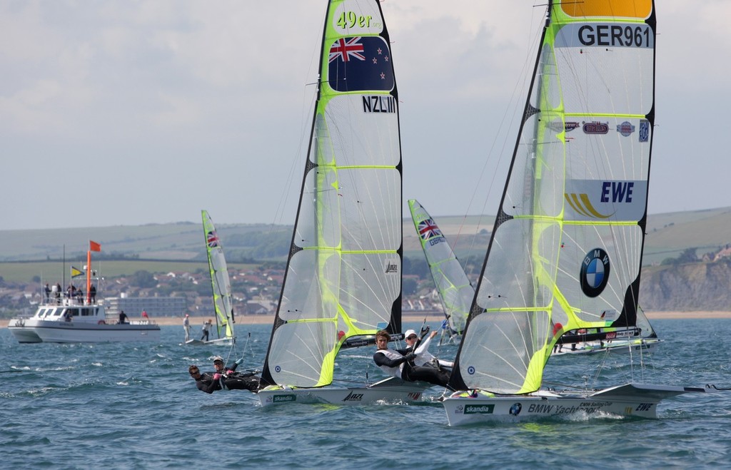 Peter Burling and Blair Tuke from New Zealand racing Tobias Schadewaldt and Hannes Baumann from Germany in the 49er class on Day 1 of the Skandia Sail for Gold Regatta, in Weymouth and Portland, the 2012 Olympic venue. © onEdition http://www.onEdition.com