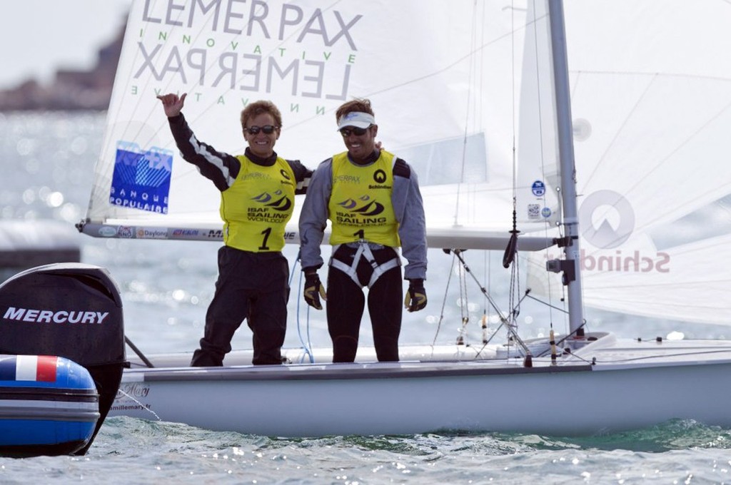 Pierre Leboucher and Garos Vincent from France celebrate winning the 470 Men class on the medal day of the Skandia Sail for Gold Regatta, in Weymouth and Portland, the 2012 Olympic venue. photo copyright onEdition http://www.onEdition.com taken at  and featuring the  class