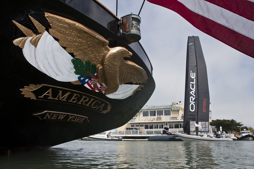 13/06/2011 - San Francisco (USA,CA) - 34th America's Cup - ORACLE Racing press conference at GGYC - America schooner replica with AC45 moored at the GGYC photo copyright ACEA - Photo Gilles Martin-Raget http://photo.americascup.com/ taken at  and featuring the  class