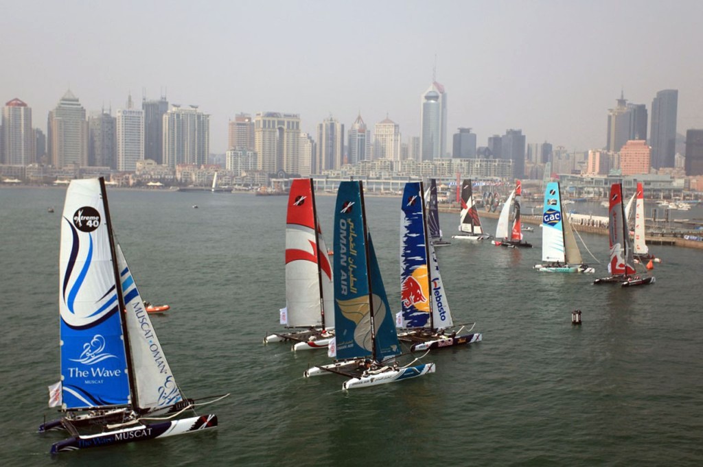 170411-QINGDAO-CHINA- The EX40 catamarans pictured on 17 April, sailing in Fusion Bay Qingdao, China, during the fleet racing format.  This is the 2nd leg of the 9 leg international Extreme Sailing Series. The event in Qingdao, Shandong Province, China, runs over five days April 13-17, 2011. Picture by Paul Lakatos/Oman Sail.
 - Extreme Sailing Series Act 2 final day photo copyright OmanSail  taken at  and featuring the  class