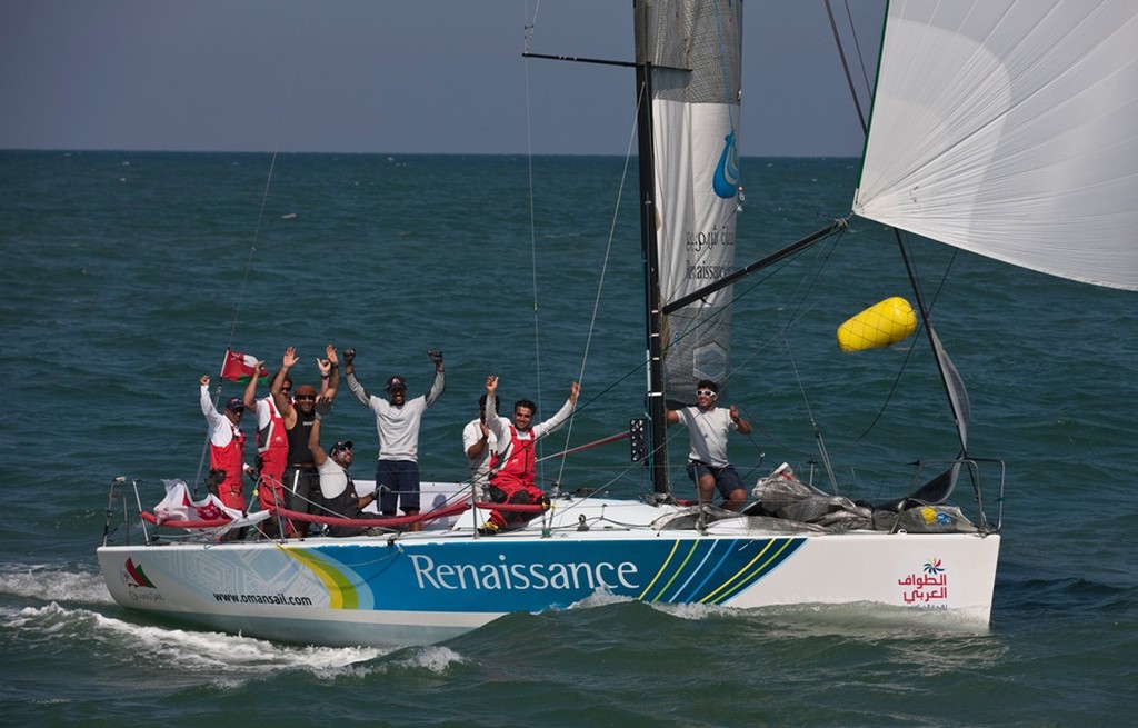 Renaissance crew celebrates as they cross the line in second place in Sailing Arabia-The Tour. photo copyright OmanSail  taken at  and featuring the  class