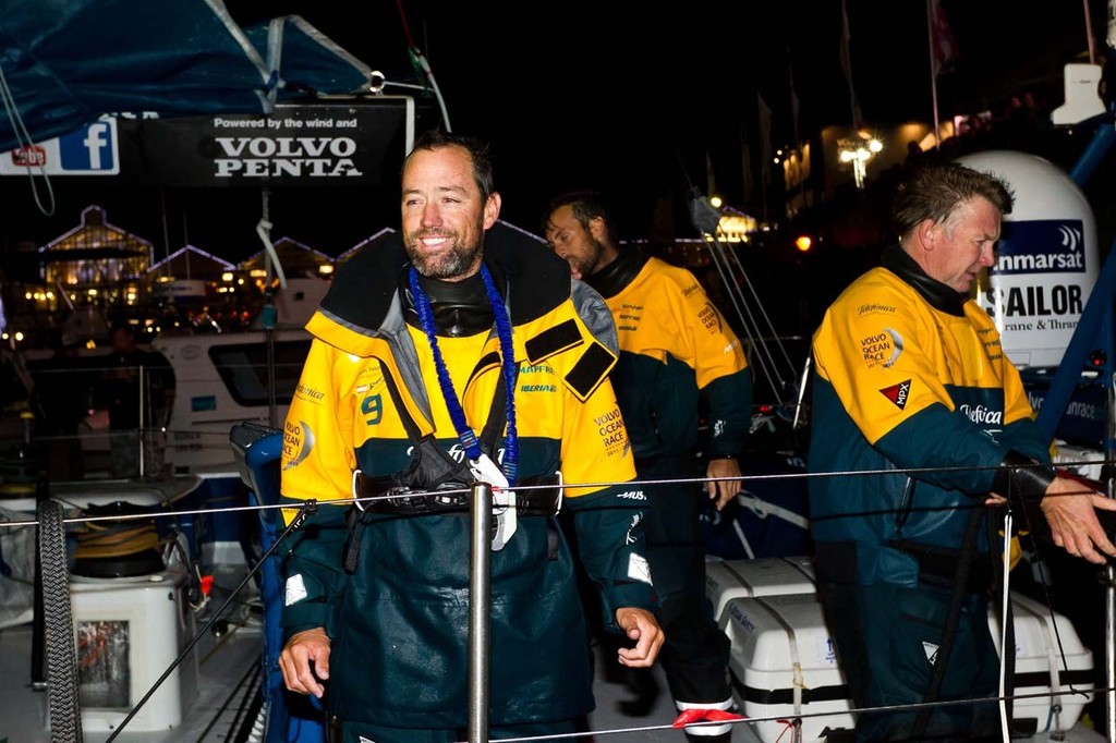 Team Telefonica, skippered by Iker Martinez from Spain finishes first on leg 1 of the Volvo Ocean Race 2011-12 from Alicante, Spain to Cape Town, South Africa at 18:14:25 UTC. photo copyright Ian Roman/Volvo Ocean Race http://www.volvooceanrace.com taken at  and featuring the  class