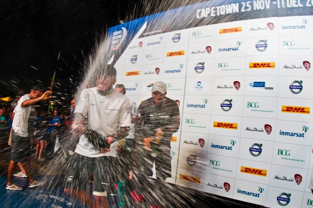 Groupama Sailing Team, skippered by Franck Cammas from France finishes third on leg 1 of the Volvo Ocean Race 2011-12, from Alicante, Spain, to Cape Town, South Africa at 17:28:31 UTC. (Photo Credit must read: IAN ROMAN/Volvo Ocean Race) photo copyright Ian Roman/Volvo Ocean Race http://www.volvooceanrace.com taken at  and featuring the  class