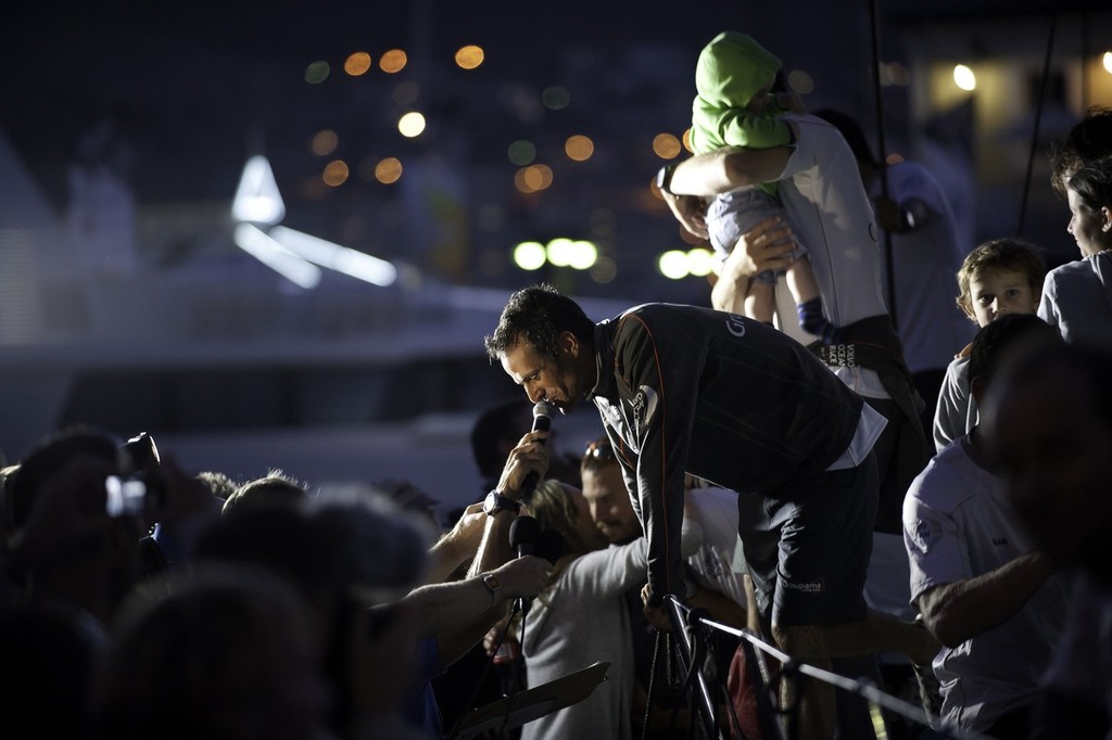 Groupama Sailing Team, skippered by Franck Cammas from France finishes third on leg 1 of the Volvo Ocean Race 2011-12, from Alicante, Spain, to Cape Town, South Africa at 17:28:31 UTC. (Photo Credit must read: PAUL TODD/Volvo Ocean Race) photo copyright Paul Todd/Volvo Ocean Race http://www.volvooceanrace.com taken at  and featuring the  class