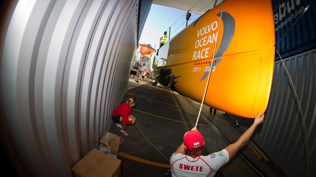 Team Sanya arrive in Cape Town after retiring from leg 1 due to severe damage. Team Sanya are currently building a replacement bow section that will be fitted over the coming days.  (Photo Credit must read: IAN ROMAN/Volvo Ocean Race) photo copyright Ian Roman/Volvo Ocean Race http://www.volvooceanrace.com taken at  and featuring the  class