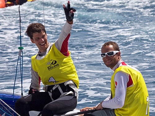 Charbonnier and Mion (FRA) Celebrate Winning The Third ISAF Sailing World Cup Regatta in Palma, Spain ©  Jesus Renedo http://www.sailingstock.com