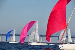 J/80s sailing downwind to leeward gate in front of the famous Oresund Bridge connecting Sweden to Denmark. - J/80 World Championships photo copyright Peter Sogaard - copyright https://picasaweb.google.com/petersogaardphoto2 taken at  and featuring the  class