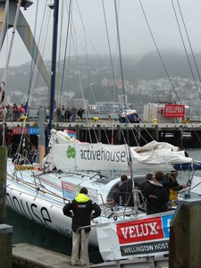 Extra crew assist Derek Hatfield to the start of the Ocean Sprint 3 in Wellington on Sunday. - Velux 5 Oceans photo copyright Genevieve Howard taken at  and featuring the  class