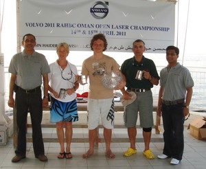The 3 event winners (Aly, Alex and Tony) with Volvo-MHD representatives - VOLVO 2011 RAHBC OMAN OPEN LASER CHAMPIONSHIP photo copyright Various Various taken at  and featuring the  class