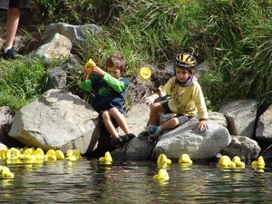 Some competitors, forced onto the rocks of the river bank by strong side-winds, had to be assisted by spectators. - The Great NZ Englefield Charity Duck Race photo copyright Genevieve Howard taken at  and featuring the  class