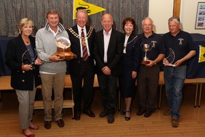 left to right - Sarah and Mike Wallis (winners of the Founder's Salver on Jahmali), The Mayor of Fareham Cllr Trevor Cartwright, Mike Golding, The Mayoress of Fareham Mrs Ruth Cartwright, John Barratt and Paul Woodward (winners of the Commodore's Cup on Stiletto) - Warsash Spring Series and Spring Championship 2011 photo copyright Eddie Mays/ Warsash 2011 taken at  and featuring the  class